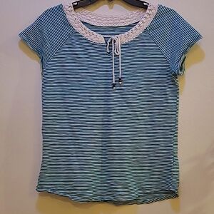 Hannah, M, Teal and White Stripe Top With Wooden Beads On Tie String